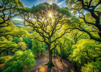 Fototapeta premium Aerial View of Majestic Oak Trees in Lush Green Forest Landscape