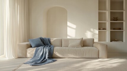 A minimalist living room with white walls, a beige velvet sofa, and sky blue throw blankets