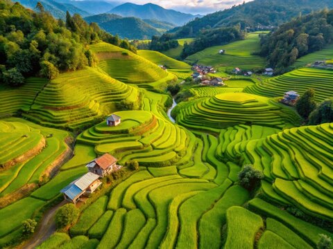 Aerial View of Lush Rice Terraces in Bo Klua, Nan Province, Thailand - Serene Landscape Photography