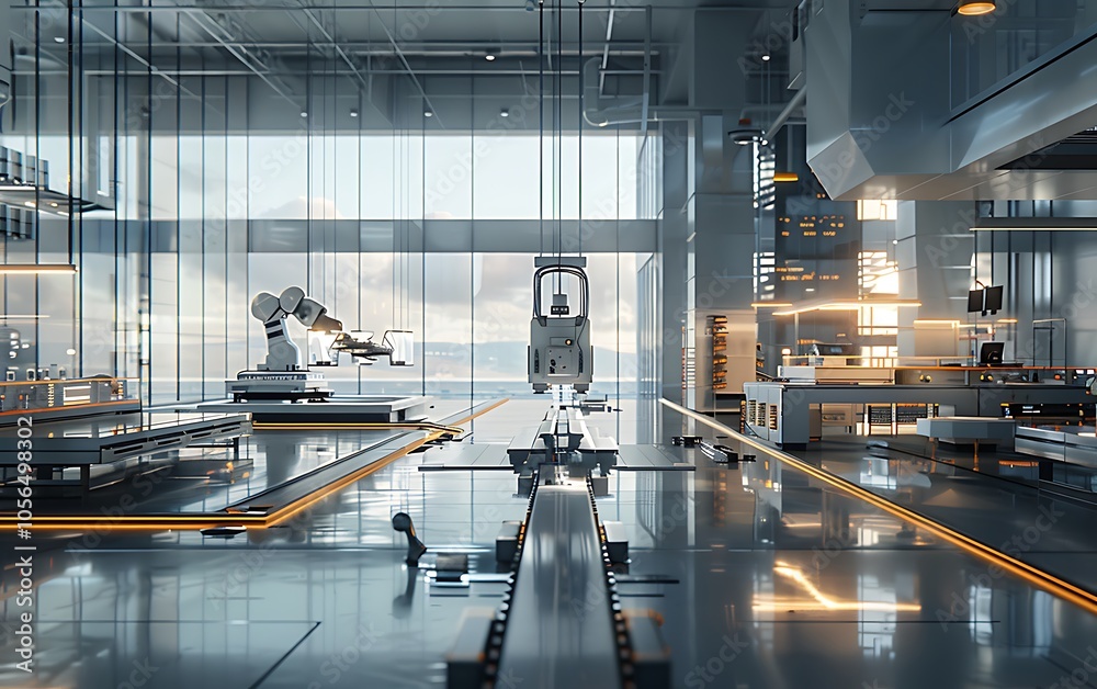 Poster a modern, high-tech manufacturing facility showcasing robotic arms and automated systems in a well-l