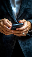 A woman is holding a cell phone in her hand while wearing a black suit