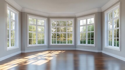 Fototapeta premium A large room with a lot of windows and a lot of natural light. The room is empty and has a clean, modern look