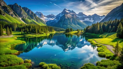Fototapeta premium Aerial View of Serene Mountain Lake Surrounded by Lush Green Grass and Verdant Vegetation
