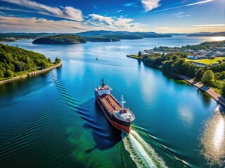 Aerial View of Ship Releasing Water at Anchor - Maritime Scene with Coastal Landscape and Clear Blue Waters