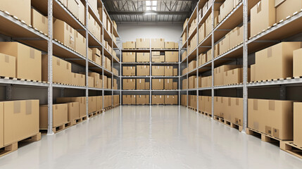 Spacious warehouse interior filled with stacked cardboard boxes on metal shelves, showcasing organized storage and distribution in a clean facility