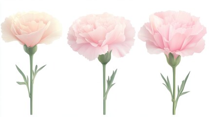 Three pink flowers are shown in a row, with the middle one being the tallest