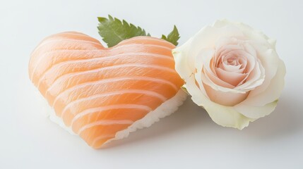 A heart made of sushi sits on a table next to a rose