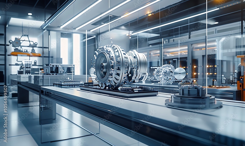 Poster a modern workshop showcasing intricate mechanical components under bright lighting, highlighting adv