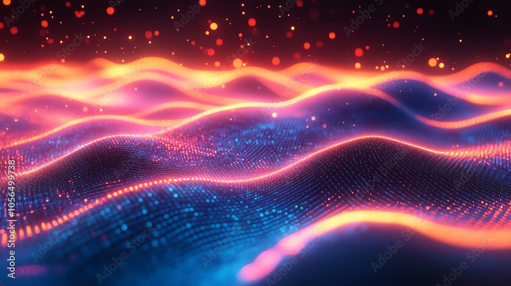 Poster abstract glowing waves of digital particles.