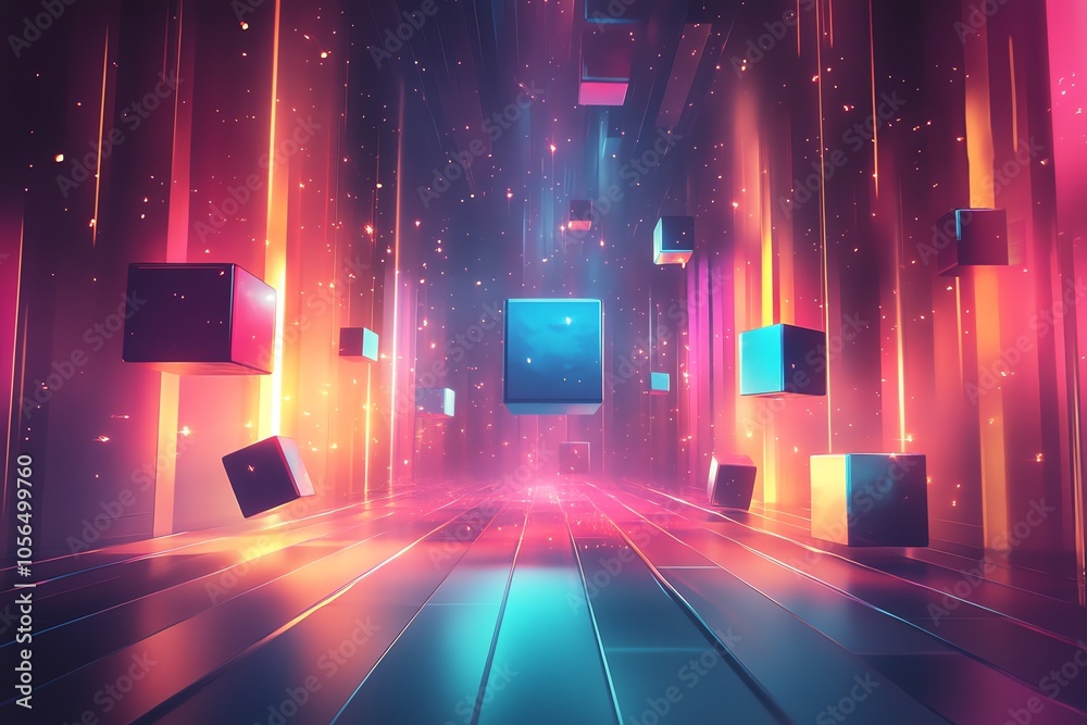 Poster Abstract futuristic neon background with colorful cubes floating in a glowing corridor.