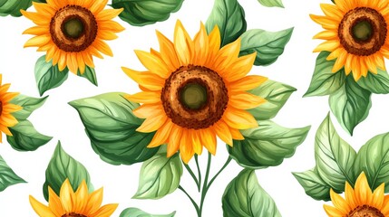 Hand Drawn Sunflowers with Leaves on White Background
