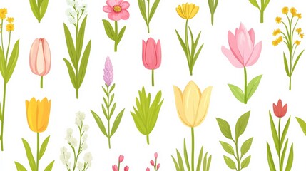 Obraz premium Illustrated Garden Flowers and Leaves Pattern Design