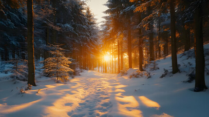 Snowy Forest Path at Sunset - Realistic Image