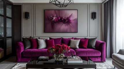 A mix of gray walls with a plum purple velvet sofa, black glass coffee table, and geometric pendant lights for a bold modern vibe