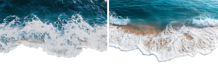 Fototapeta premium Set of a beautiful beach scene with gentle sea waves rolling onto the shore, isolated on transparent background.