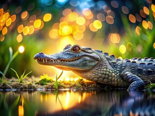 Obraz premium Alligator in Lush Wetlands with Bokeh Effect for Nature Lovers and Wildlife Enthusiasts