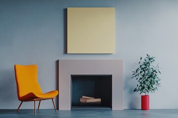 A modern living room featuring a bright orange chair, a minimalist fireplace, and a green plant, creating a warm atmosphere.