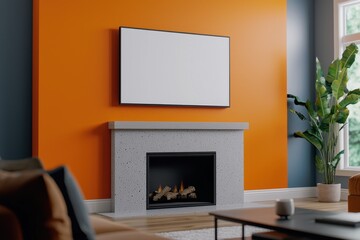 Modern living room featuring a sleek fireplace and vibrant orange accent wall, creating a cozy atmosphere.