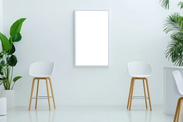 Minimalist interior with two white stools and a blank frame, complemented by green plants against a bright wall.