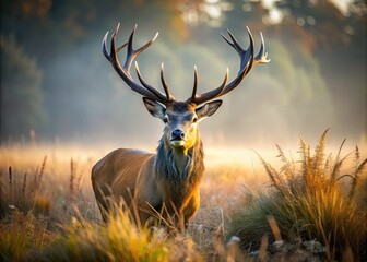 Naklejka premium A majestic stag with splendid antlers stands gracefully in a misty field, embodying tranquility and natural beauty, surrounded by enchanting forest and ethereal morning light.
