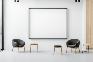 Stylish modern interior featuring plush gray chairs and minimalistic decor in a bright, airy space.