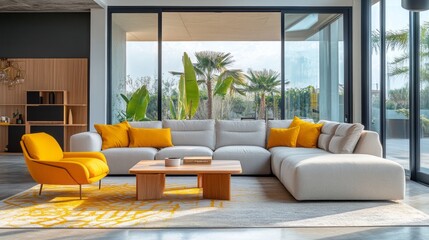 A modern living room featuring a light gray sectional sofa, yellow lounge chairs, and a light wood coffee table