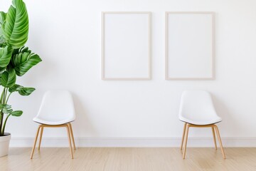Fototapeta premium Minimalist interior featuring two white chairs and empty frames, accented by lush green foliage.
