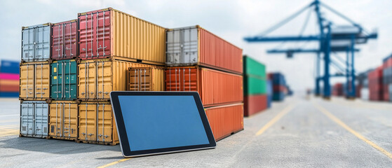 Fototapeta premium Tablet Computer at Shipping Container Terminal.