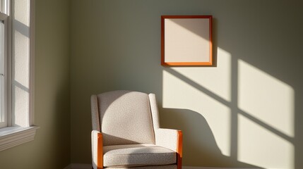 A cozy, light-filled corner features a soft upholstered chair and a blank canvas, inviting creativity.