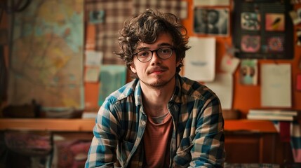 Fototapeta premium Portrait of a Young Man in a Plaid Shirt