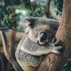 Obraz premium A koala is sleeping on a tree branch. Concept of calm and relaxation, as the koala is peacefully resting in its natural habitat