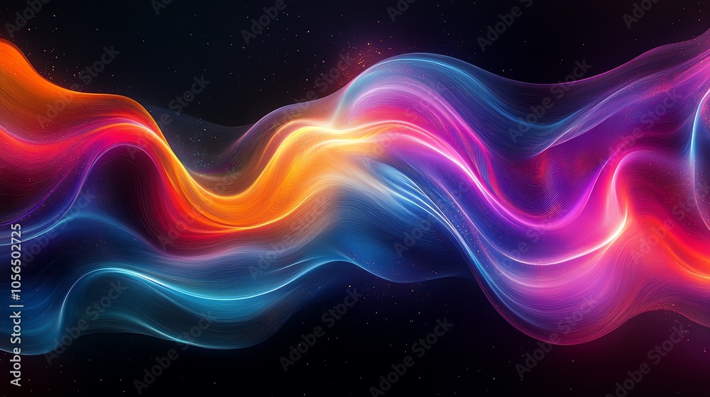Poster Abstract colorful wave of light with glowing particles in a dark background.