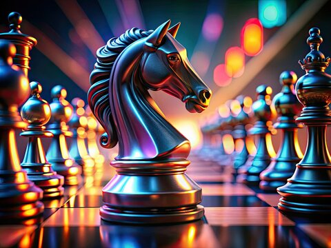 Vivid 3D artwork of a black knight piece launching an aggressive attack in chess, strategically outmaneuvering the opponent and intensifying the challenges of the game.