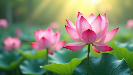 Obraz premium Beautiful Pink Lotus Flowers and Leaves in a Sunlit Pond.