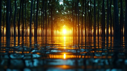 Golden Sunset Through Silhouetted Trees in Flooded Forest