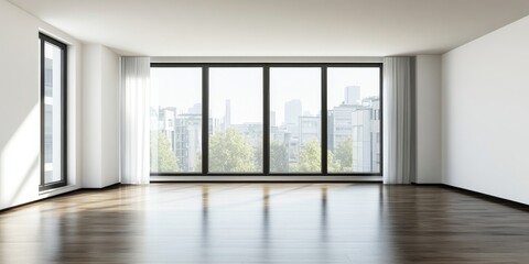 Obraz premium Bright, empty room with large windows, wooden flooring, and a view of the cityscape, perfect for real estate or interior design concepts.