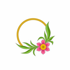 Floral design graphic vector illustration, featuring a circular golden frame decorated with bright pink flowers and elegant green leaves for decoration and creative projects.
