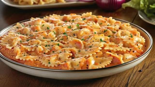 A plate of bowtie pasta covered in a creamy tomato sauce and topped with fresh parsley