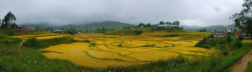 A panoramic view of lush, golden rice terraces under a cloudy sky.