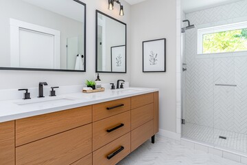 Modern bathroom with sleek double vanity, black fixtures, and herringbone tile shower, creating a stylish and serene atmosphere.