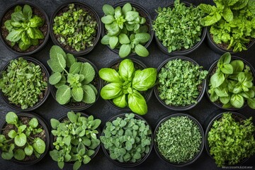 A variety of herbs in pots, showcasing their lush greenery and diverse foliage.