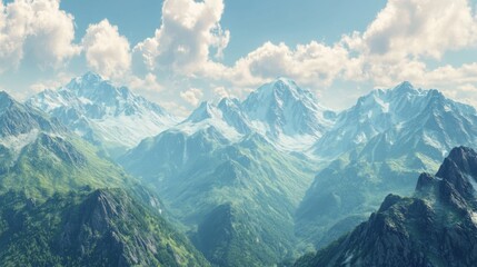 Obraz premium Majestic mountain landscape with lush greenery and blue skies.