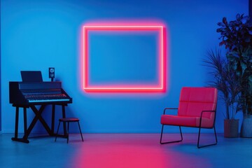 Contemporary music studio featuring a red chair, piano, and vibrant neon lighting for a trendy ambiance.