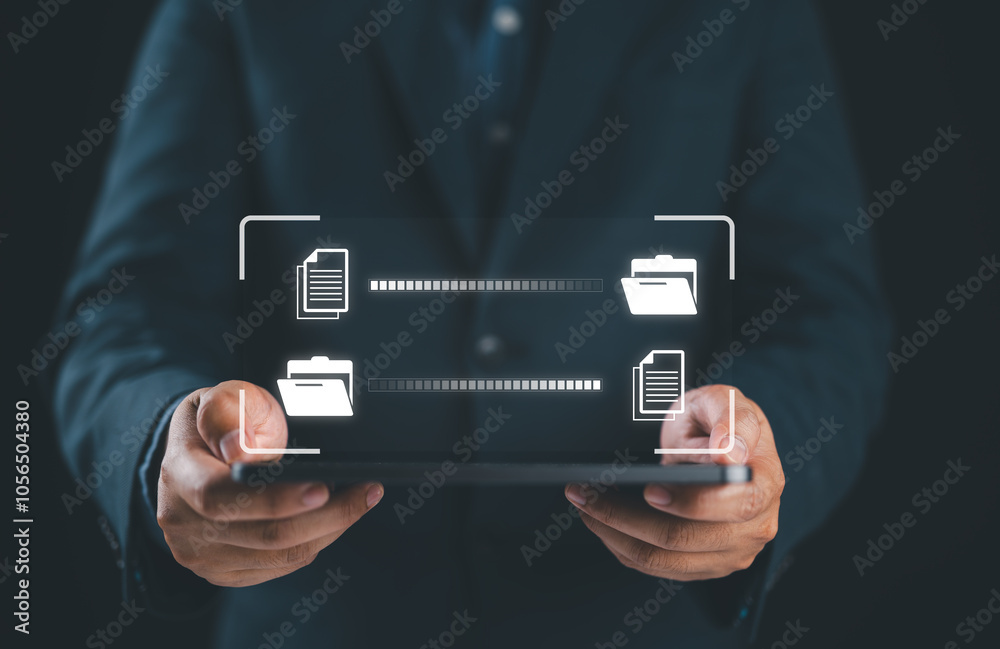 Aufkleber Data Sync concept, Transfer file of data between folder, Backup data, Exchange of file on folder, Send document in internet, DMS. Virtual document loading to another folder and hand holding tablet.
