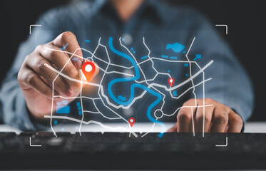 Businessman marking location pin points and search addresses on geolocation map application. Synchronize destination for travel or finding business places in GPS Satellite coordinates system on web.
