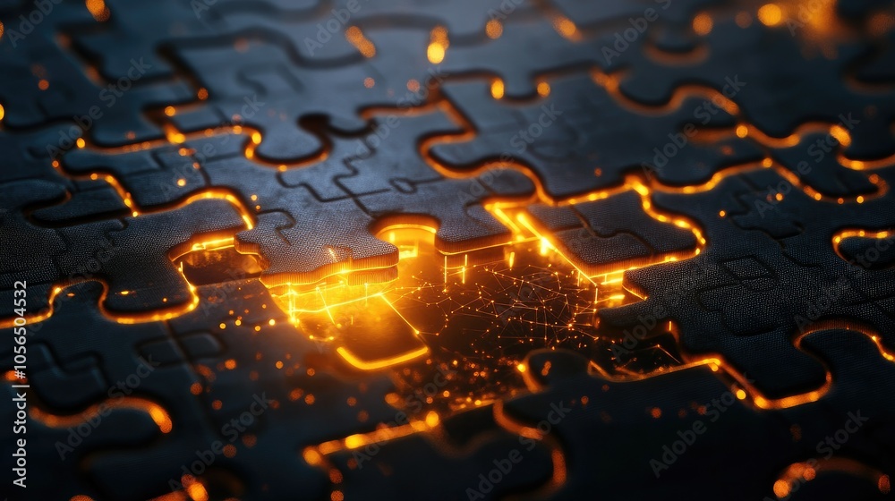 Poster abstract puzzle piece network with glowing connections, digital integration theme