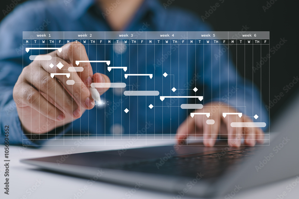 Aufkleber Project management concept. Site manager working with Gantt chart schedule for plan tasks and progress. Planning software. Corporate strategy for construction, finance, operations, sales, marketing.