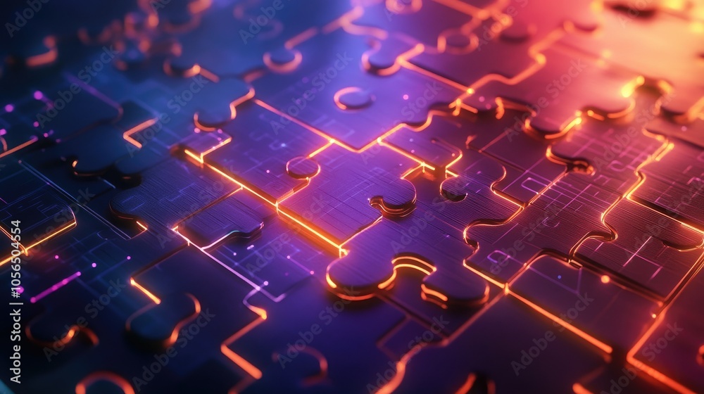Poster abstract puzzle piece network with glowing connections, digital integration theme