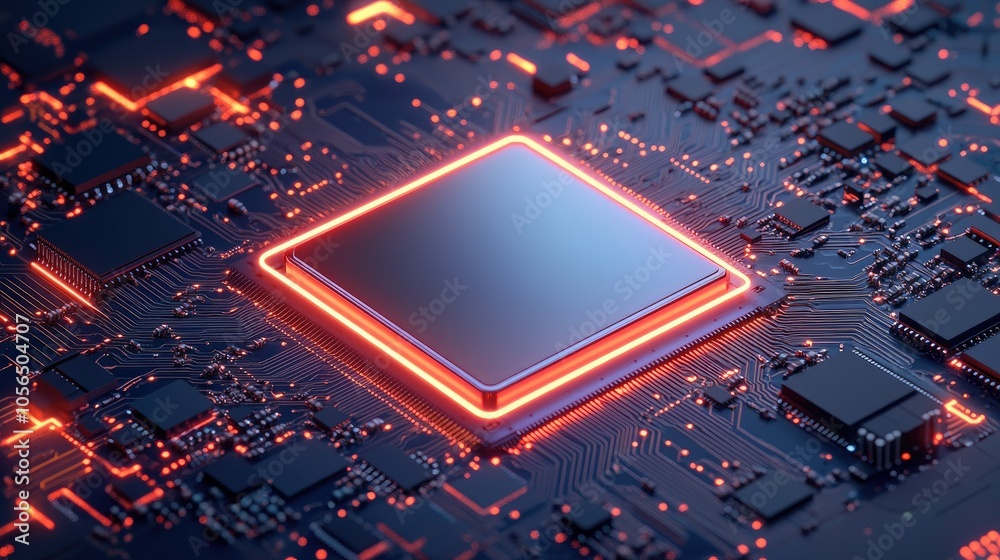 Poster Advanced AI chip with neon accents and dynamic data streams, high-tech and futuristic