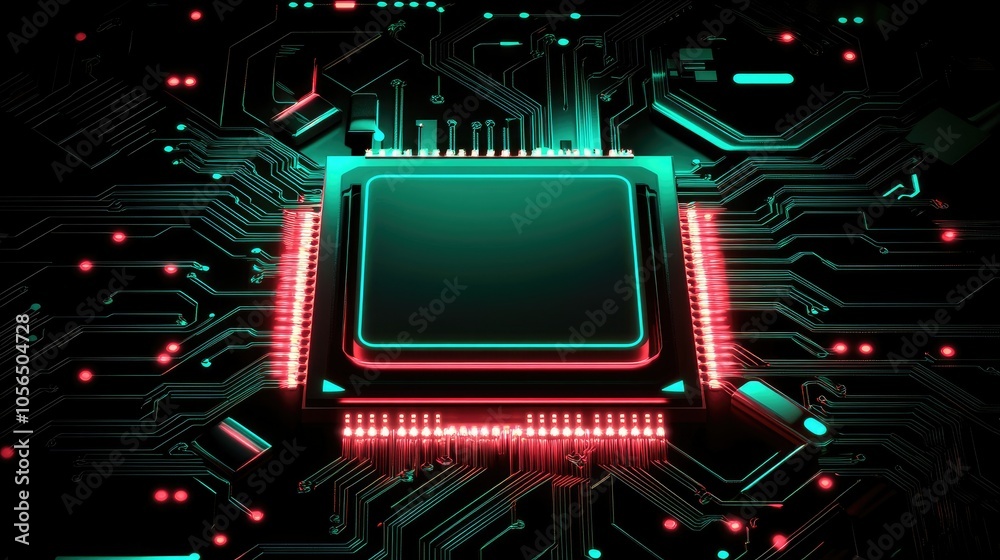 Poster Advanced AI chip with neon accents and dynamic data streams, high-tech and futuristic